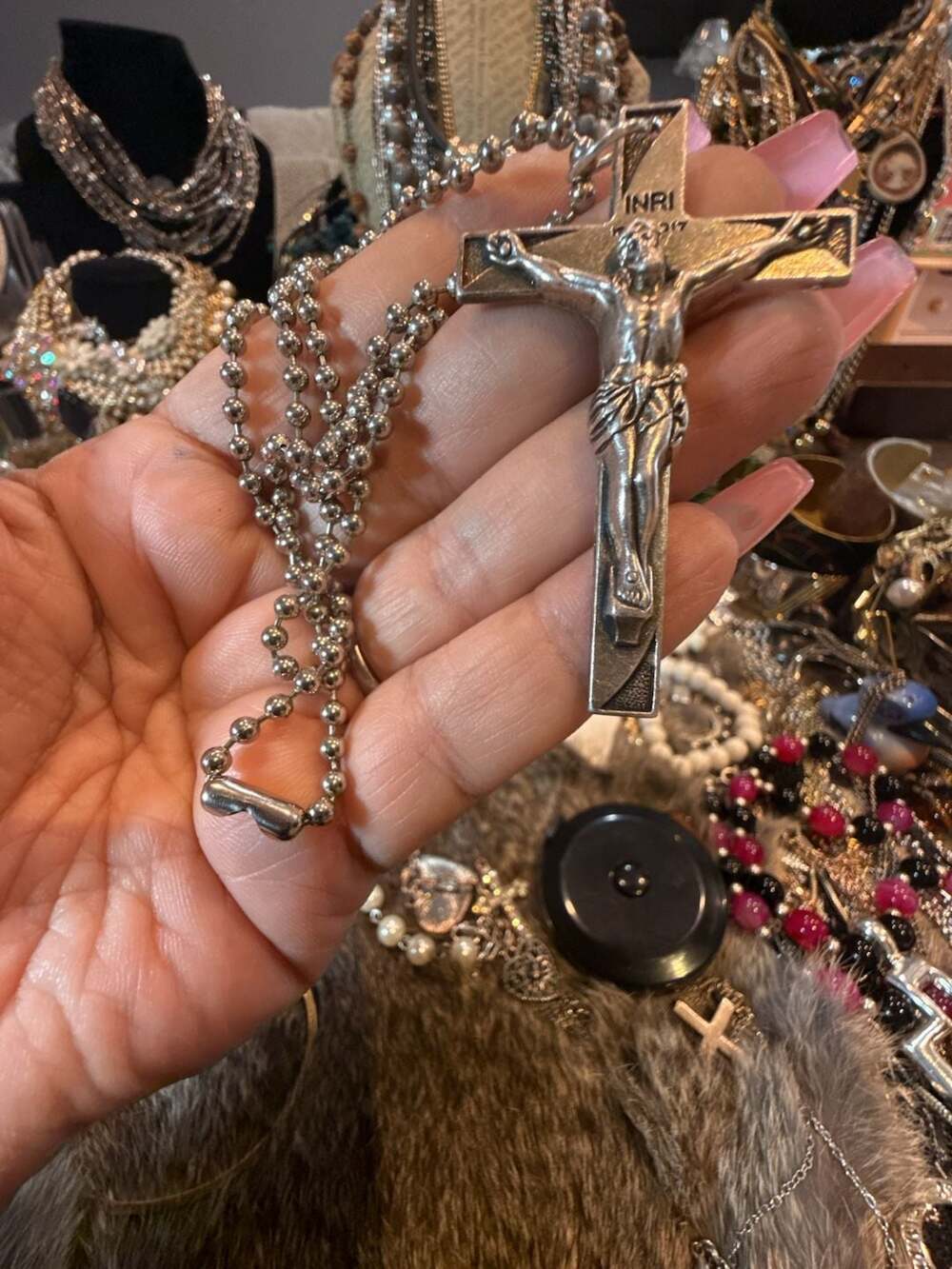 Fatima Crucifix Necklace Silver Tone Ball Chain Religious Jewelry